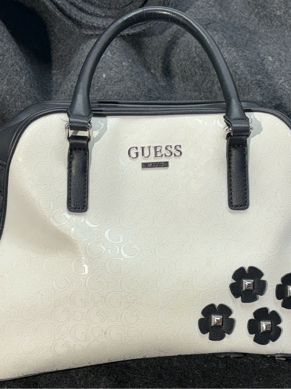 GUESS White and Black Floral Dome Satchel